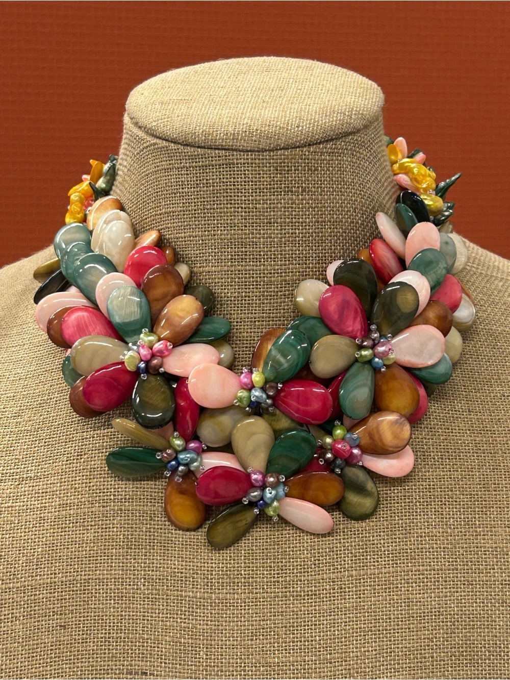 Artisan Polished shell and freshwater pearl floral statement necklace